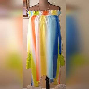 2/$35 Sheer Vertical Multi-Color High-Low Dress, Size XXL (Fits Sizes M-XL)